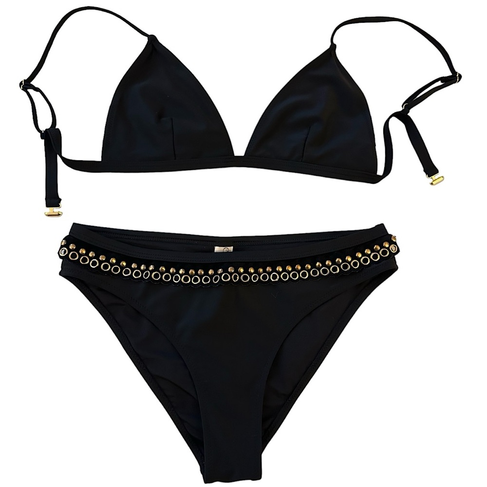 Cupshe Black Bralette Top High Rise Cheeky Bottoms with Gold Grommet detail M